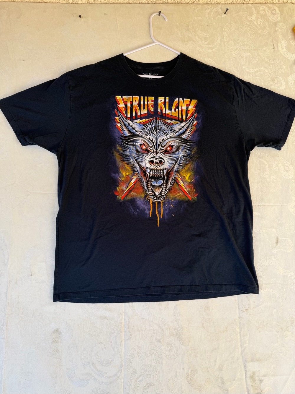 True Religion Black Graphic Tee with Multicolor Wolf Artwork